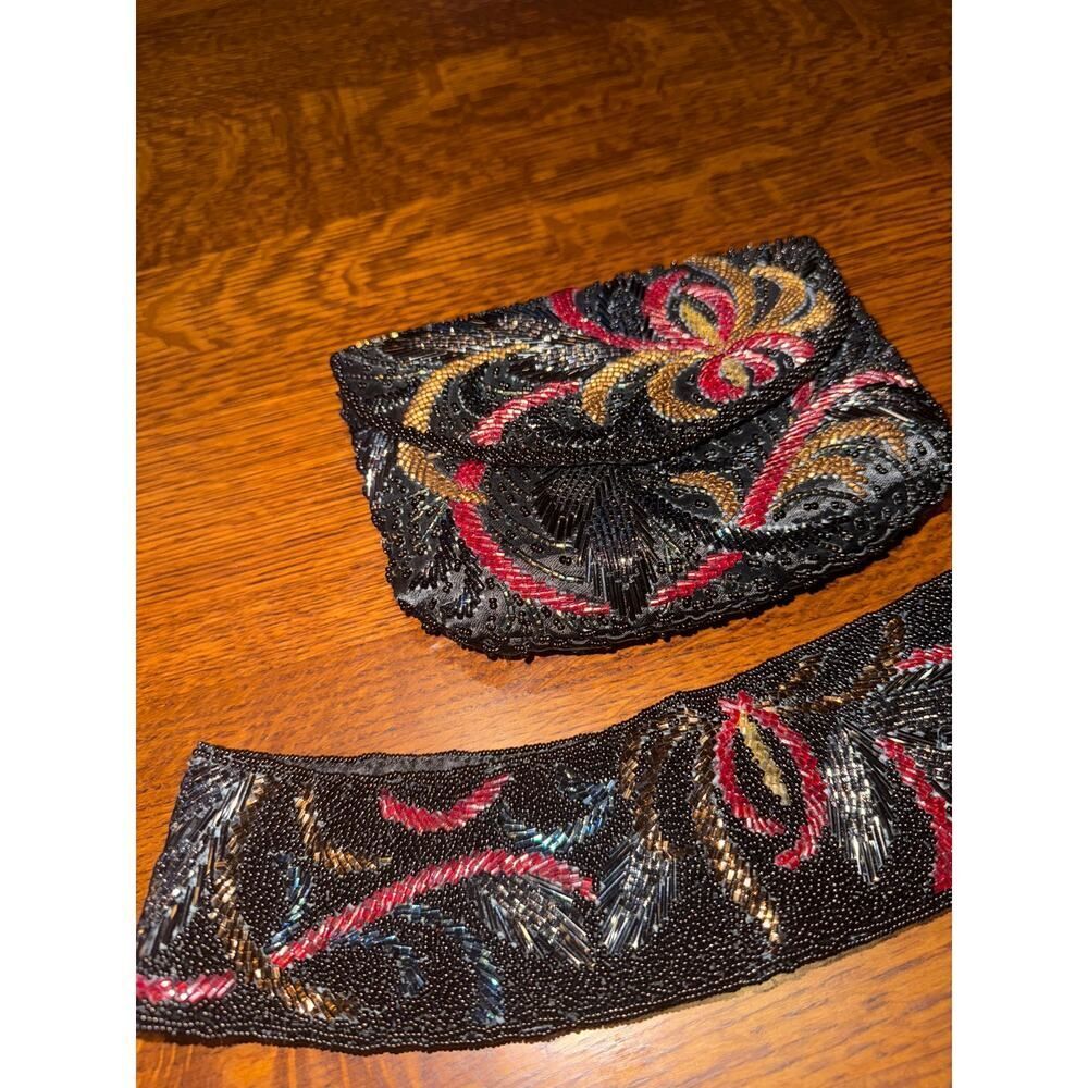 Vintage Black‎ Cranberry And Gold Silk Satin Beaded Evening Clutch With Belt